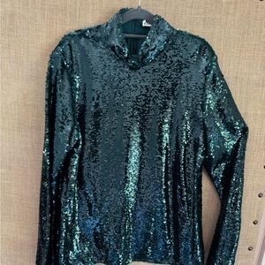 Zara Green Sequin Long Sleeve Button Down Blouse